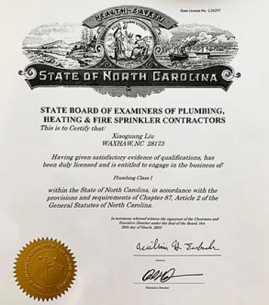 NC Plumbing Class I License